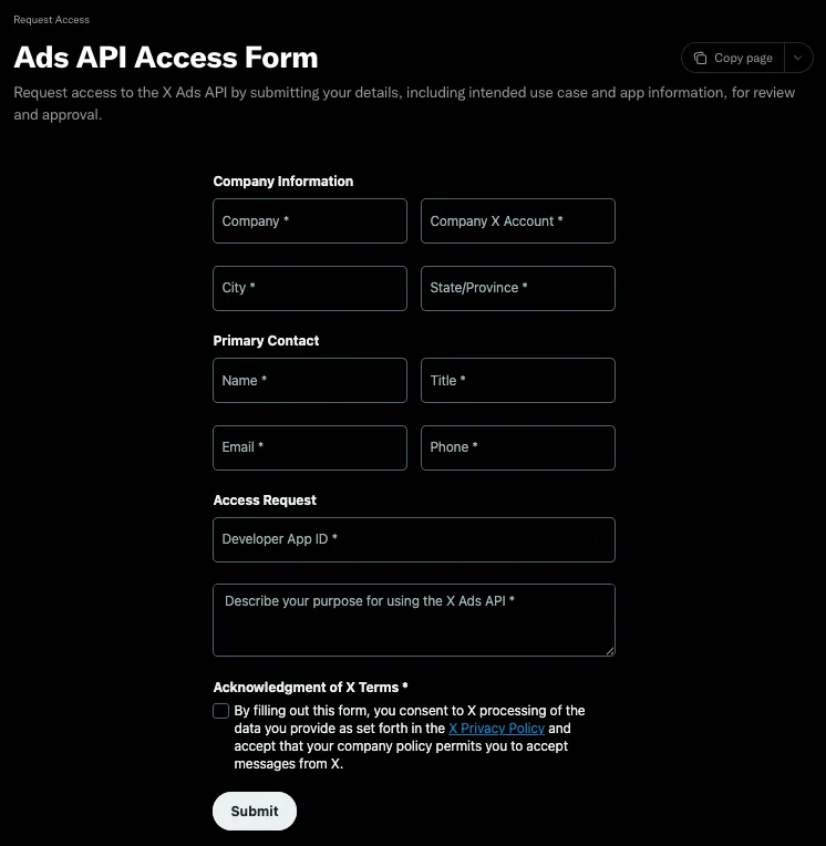 The X Ads API Access Form in full, made up of four blocks: Company Information, Primary Contact, Access Request, and the terms acknowledgment